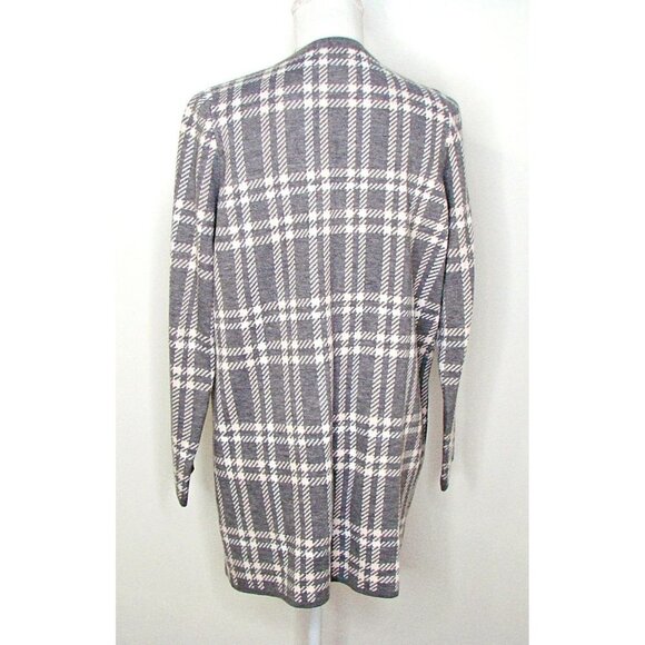 French Connection Womens Long Sweater Gray Pink Plaid Open Cardigan Pockets Sz M - Picture 3 of 9